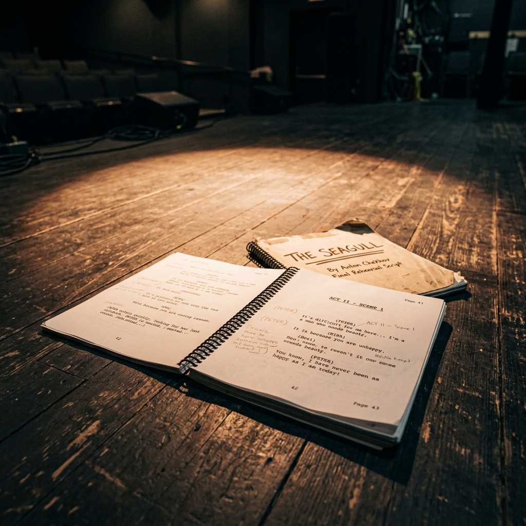 Open theater scripts for 'The Seagull' resting on a wooden stage floor under stage lighting