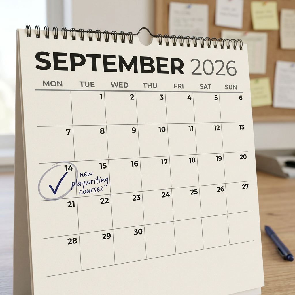 September 2026 calendar marked on the 14th with “new playwriting courses”